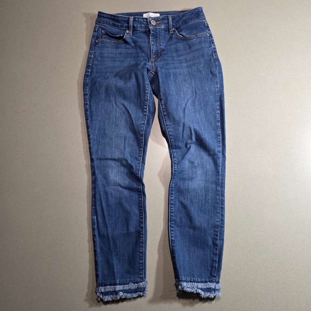 Loft Skinny Jeans Blue Denim Double Frayed Raw Hem Ankle Size 0 25